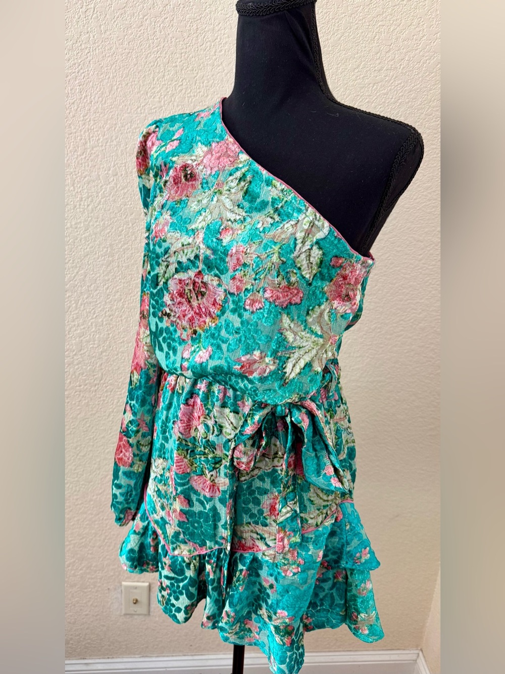 NWT Hermant & Nandita Velvet Teal Floral Metallic One Shoulder Mini Dress Med - Picture 10 of 16